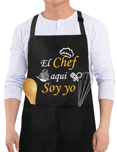 Wixelon Delantal Cocina Hombre y Mujer, Mandiles de Cocina con Bolsillos, Talla Única, Negro, Estampado de Letras, Regalos para Adultos que Cocinan