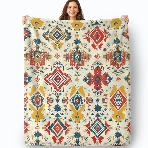 Kuscheldecke Flanell 150x200 cm – Ethno Geometrisches Muster, Weiche Flauschig Fleecedecke Leicht & Warm, Boho Creme Wohndecke für Sofa Couch Bett, Pflegeleicht & Ganzjahresgeeignet