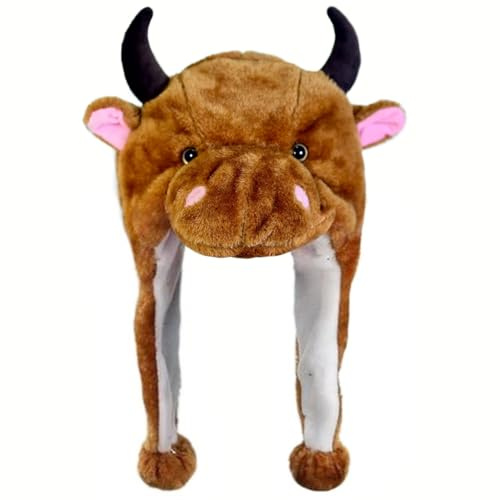 Naichuo Plush Animal Hat with Ear Flaps, Cozy Novelty Party Cap for for Kids Teens Adults Halloween Christmas(Brown Cattle)