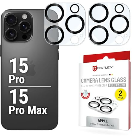 Kamera Schutzglas für iPhone 15 Pro Max, 15 (10H), 2 Stück, Full Cover | DISPLEX Full Cover Camera Lens Glass, 10H Härte, Vollschutz des Kameramoduls, Quick Mount, Ultra-Clear, Anti-Fingerprint