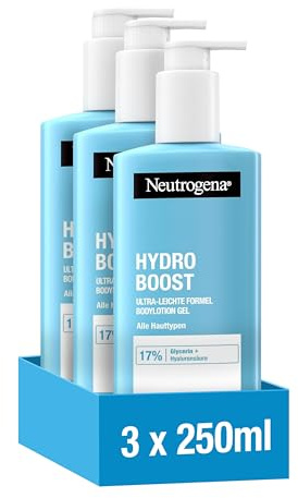Neutrogena Hydro Boost Bodylotion ultra-leichtes Gel, 3 x 250 ml | Leichte Formel für softe Haut, feuchtigkeitsspendende Körperlotion mit 17Prozent Glycerin & Hyaluronsäure, alle Hauttypen