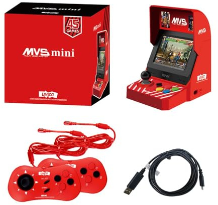 UNICO MVS Mini Arcade e set di 2 controller rossi [cavo HDMI incluso], con 45 giochi SNK con licenza ufficiale preinstallati, regali per adulti e bambini