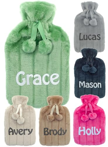 Personalised Hot Water Bottle with Soft Faux Fur Cover + Pom Poms Gift for Cozy Nights Pain Relief for Back Neck and Shoulders Great Gift 2 Liter (Green)