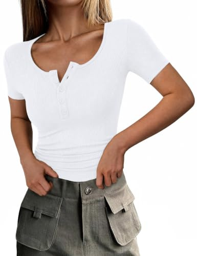 Totatuit Womens Ribbed T Shirt Short Sleeve Scoop Neck Slim Fit Top | Ladies Summer Basic Tee Henley Button Front Lightweight Stretch Casual Tops for Women UK Everyday Wear