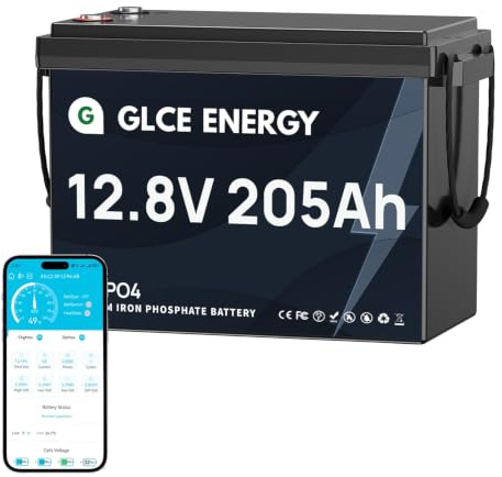 GLCE ENERGY Batería LiFePO de 12 V 200 Ah (205 Ah) con Bluetooth BMS de 200 A, 4000 – 15000 ciclos, 2624 Wh de alta capacidad, batería de ciclo profundo para caravanas, sistemas solares y aplicaciones