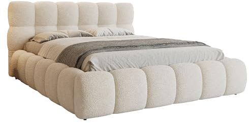 FurniDe24 Polsterbett Ted 140x200 mit Bettkasten, Beige (Quelle 03) | Bouclé-Doppelbett mit Metall-Lattenrost, Gasdruckfedern, weich gepolstertem Kopf- und Fußteil sowie Stauraum bis 15 kg