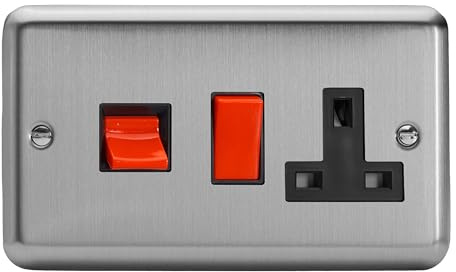 Varilight Cooker Switch With Switched Socket Outlet - Value Matt Chrome With Black/Red Insert, XS45PB