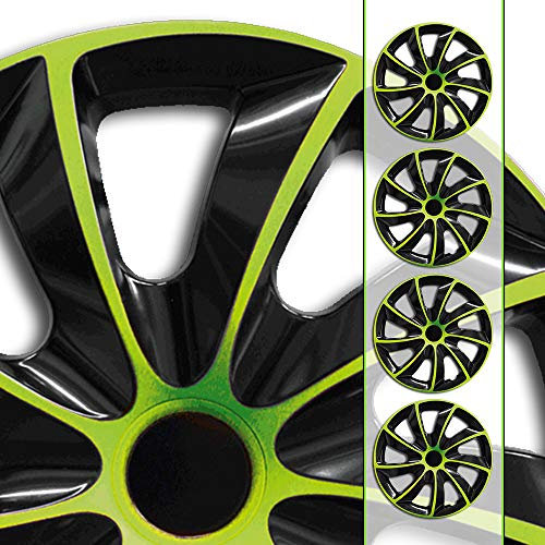 (Farbe & Größe wählbar) Bundle 14 Zoll Radkappen, Radzierblenden Quad Bicolor (Schwarz/Grün) passend für Fast alle Fahrzeugtypen (universal)