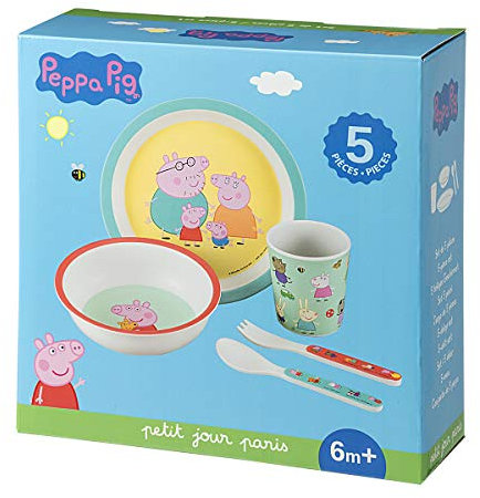PETIT JOUR - Coffret Cadeau 5 Pièces Pour Enfant 6Mois+ - Mélamine - Sans BPA - Assiette 18cm, Timbale 160ml, Bol 250ml, Set De 2 Couverts 14cm - Lavable Au Lave-Vaisselle - Peppa Pig