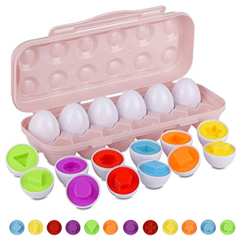 Hhyn Color Shape Matching Eggs for Toddlers, Preschool Learning Educational Sorting Easter Eggs Toys Gift Recognition Skills for Kids Boys Girls with Pink Eggs Holder, 12 Eggs