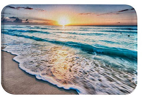 A.Monamour Badematten Badteppiche Badvorleger Sonnenuntergang Ozeanblau Meer Ozean Wellen Sand Strand Natur Landschaft Saugfähigen Flanell Mikrofaser rutschfeste Bodenmatte Für Bad Küche 40X60 cm