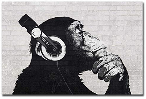 Rahmenlose Tier Leinwand Gedruckt Gemälde, Eine Gruppe Lustiger Denkender Affen Mit DJ-Musik-Kopfhörer-Gorilla-Bild-Plakat, Moderne Pop Wandkunst Dekor,Schwarz,70×100cm