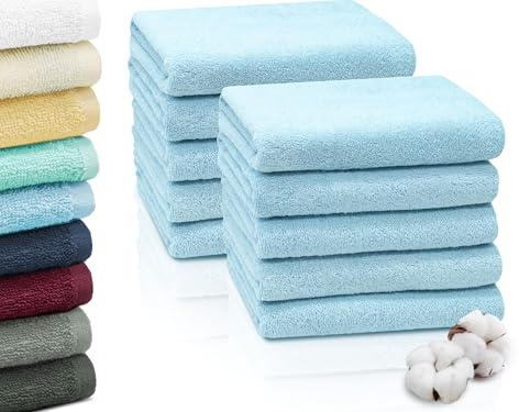 ZOLLNER 10er Set Handtücher in 50x100 cm - saugstarke und weiche Duschtücher in hellblau - mit praktischem Aufhänger - waschbar bis 60°C - Baumwolle - Hotelqualität