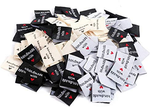 150 Stück Handmade Stoff Labels Tags Kleideretiketten Stoffetiketten Textiletiketten Handmade with Love für Klediung (Farbmischung)