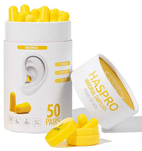 HASPRO Tube50 [50 Paar] Ohrstöpsel aus superweichem Schaumstoff mit kleiner Tragetasche, Geräuschunterdrückung, 38 dB, beste Ohrstöpsel für Schlaf, Schnarchen, Arbeit, Heimwerken (Gelb)