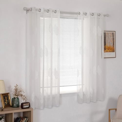 MIULEE Kurz Vorhänge Transparent mit Weiss Blätter Muster, Modern Stickerei Gardinen Ösen Für Kleines Fenster Kurzgardine, 2er Set Schöne Blätter Muster Vorhang Fenster H 160 x B 140