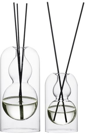 Lot de 2 flacons diffuseurs de parfum vides en verre pour huiles essentielles, avec 16 bâtonnets noirs, décoration minimaliste.
