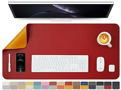 HOMIEAZICOZI Doppelseitige Leder wasserdichte Schreibtischunterlage für Büro und Zuhause - Ideal für große Mausunterlage und Schreibtischunterlagen auf Schreibtischen (Rot + Gelb, 90 x 43 cm)