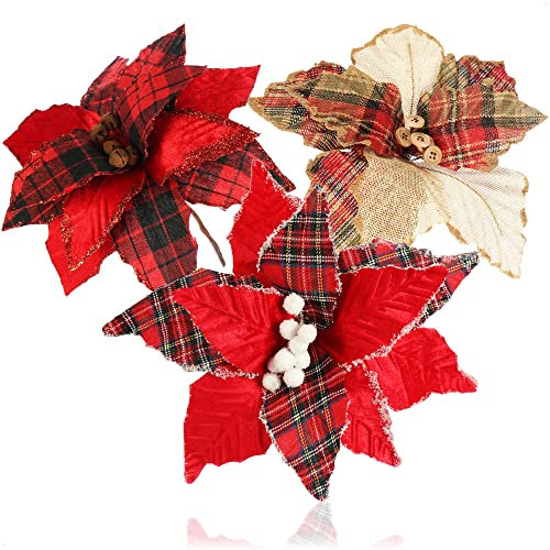 com-four® 3X Weihnachtsstern Deko-Gesteck, Kunstblumen als tolle Weihnachtsdekoration, schöner Raumschmuck, auch für Kränze und Blumenarrangements (rot kariert)