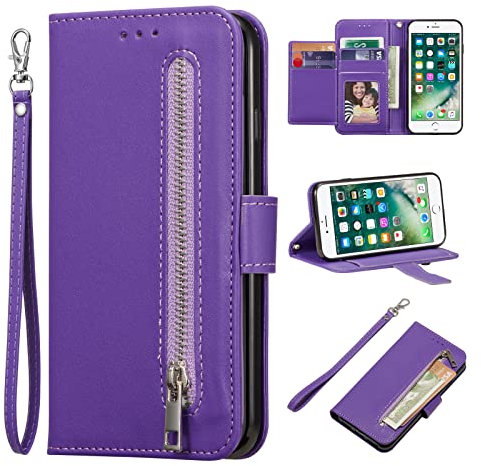 EYZUTAK Wallet Case for iPhone 8 Plus iPhone 7 Plus, 5 Card Slots Magnetic Closure Zipper Pocket Handbag PU Leather Flip Case with Wrist Strap TPU Kickstand Cover for iPhone 8 Plus 7 Plus - Purple