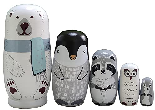 Oostifun Gobus Wooden Nesting Doll Russian Nesting Dolls Sets for Home Office Decoration Small things key collection Children Gifts (Animals in Winter Polar bear Penguin)