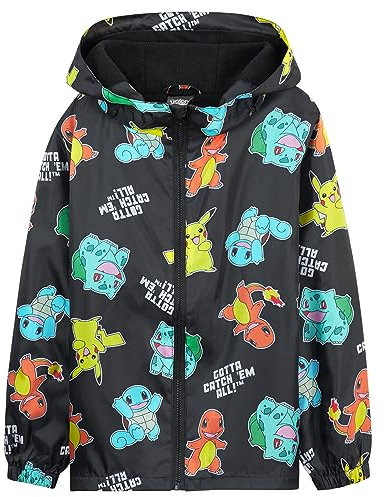 Pokémon Kinder Regenjacke - Wasserdicht, 100% Polyester, Schwarz AOP, 13-14 Jahre (M/L), Unisex, Langarm, Kapuze, 2 Taschen, Frühling, Herbst