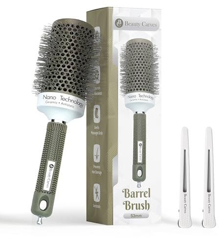 Beauty Carves Round Hair Brush, 53mm Barrel with 2 Clips - Blow Dry Hair Brush with Flexible Nylon 66 Bristles - Nano Ionic Heat Resistant Tech for Professional Curling, Styling & Shining Texture