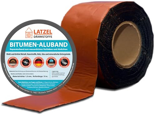 Latzel Dämmstoffe Bitumen - Band, Selbstklebendes Dichtband, Aluminiumbeschichtung, UV- und Witterungsbeständig. Reparaturband Dicke 1,5 mm Rolle 10 Meter Farbe Terracotta/Ziegelrot (Breite 75 mm)