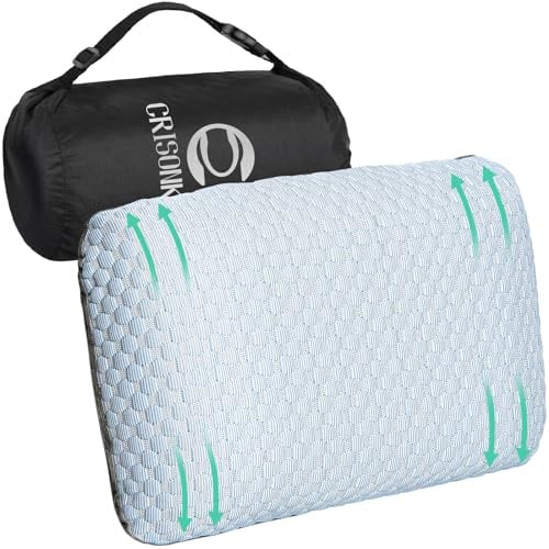 Crisonky Reise- und Campingkissen – Komprimierbares Memory-Schaum-Kissen mit mittlerem Härtegrad, Tragetasche für Rucksacktouren, Lendenwirbelstütze, waschbarer Kissenbezug (Taubenblau, 50x30x12cm)