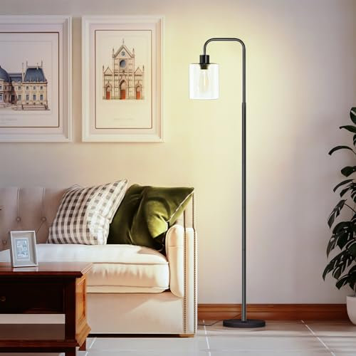 Lampadaire Sur Pied Salon Avec Abat-Jour en Verre, Lampe Sur Pied Rétro Industriel Avec E27 Ampoules LED, Interrupteur au Pied,Lumière Chaude,Lampadaire Pour le Bureau, l'Étude-Noir