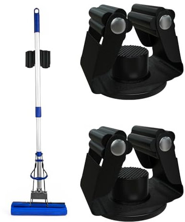 FYWZ Magnetic Broom and Mop Holder for Fridge, No Drilling Magnetic Broom Holder Black Steel Magnetic Tool Mount for Home, Kitchen, Laundry, Garage, Workshop - 2 Pack/Black