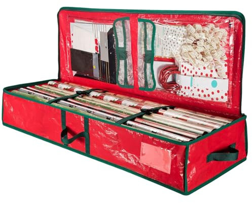 Aufbewahrung von Geschenkverpackungen, Aufbewahrungstasche für Weihnachtspapier, Aufbewahrungstasche für Geschenkpapier aus Stoff mit flexiblen Trennwänden und Taschen Rot