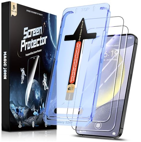 MAGIC JOHN Lot de 2 protections d'écran en verre trempé pour Samsung Galaxy S24 Plus/S24+ (6,7) - Installation automatique contre la poussière, sans bulles, HD transparent, résistant aux chocs