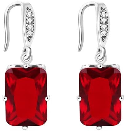 Oneress Rectangle Dangle Drop Earring Hook Earrings with Inlaid CZ White Gold Plated, Simple Modern Elegant Jewelry Gifts for Women Teen Girls YA4640 (Red)
