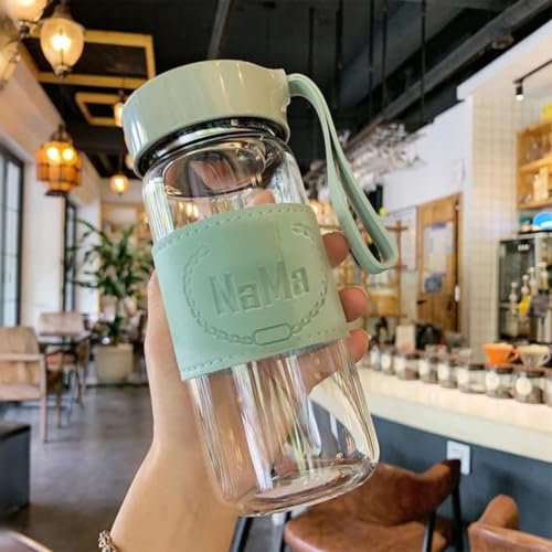 NaMa Borosilicate Infuser Glass Water Bottle with silicone strap and leather sleeve,480ml, Wide Mouth, Durable, Easy Clean,Hot and cold Beverages