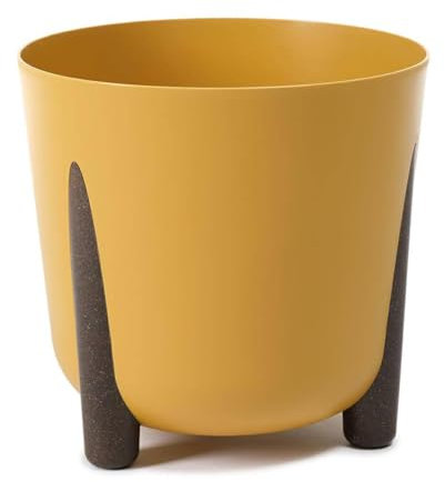HowHomely Gelb Blumentopf Kunststoff mit Braunen Füßen | Pflanzschalen Ø 25,5 x H 25,3 cm | Leichter und Stabiler Blumenübertopf für Indoor oder Balkon und Terrasse