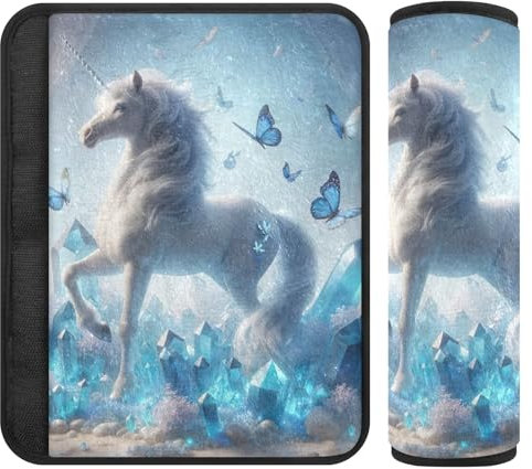 RPLIFE Feen-Einhorn mit blauen Kristallen, Kinderauto-Sicherheitsgurt-Schulterpolster, superweicher Sicherheitsgurtbezug, Schulter-Sicherheitsgurtschutz, Gurtpolster
