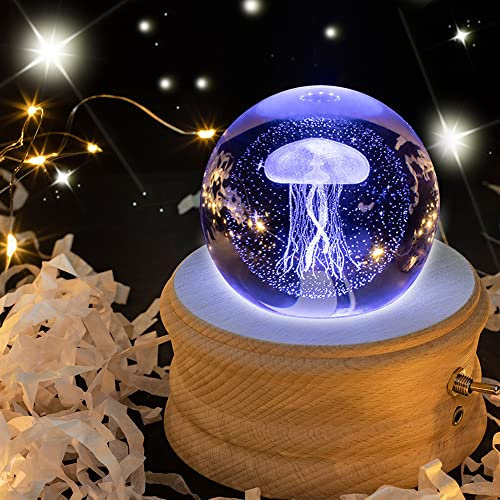 BUOTAU Kristallkugel Spieluhr, 360 ° drehbare hölzerne Spieluhr mit Licht,Quallen， Geburtstagsgeschenk, Projektionsfunktion mit Beleuchtung, LED Mond Lampe, Valentinstagsgeschenk, Jubiläu