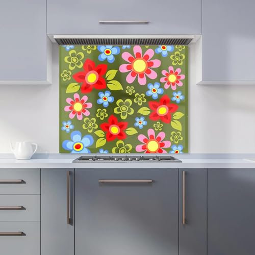 Warren Reed - Designer Premium Red And Blue Flowers Kitchen Splashback 6mm Toughened Glass Kitchen Splashback – Heat Resistant Splashback for Kitchens, Perfect for Cookers and Hobs, Polished Edges