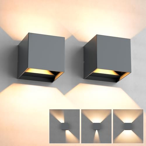 2 Stücke LED Wandleuchte Aussen, Wandlampe Innen Warmweiß 3000K 12W Außenlampen Einstellbar Abstrahlwinkel Up and Down Leuchten IP65 Wasserdichte Dunkelgrau
