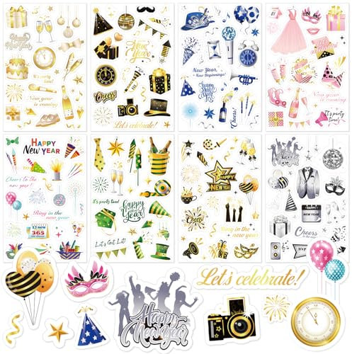 DPKOW 24 Blatt Neujahr Sticker Set, 2025 Silvester Sticker Aufkleber Frohes neues Jahr Sticker zur Scrapbook Bullet Journal Fotoalbum, Neujahr Aufkleber zur Basteln Geschenke Silvester Deko