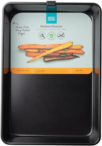 Medium Roasting Tray with Rolled Edges - Non-Stick Heavy Gauge 0.8mm Carbon Steel, LFGB Certified. Perfect for Baking & Roasting. Easy to Clean, Durable & Safe. Black Colour