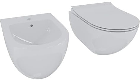 Set Sanitari Sospesi WC e Bidet Ovali in Ceramica con Copriwater Soft Close e Sgancio Rapido Design Moderno Bianco Lucido