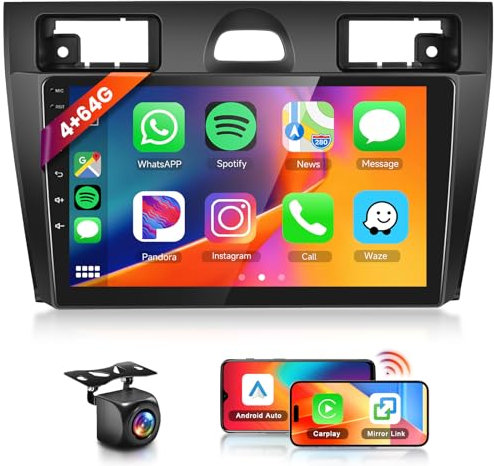 【4+64G】 Hodozzy Carplay Autoradio für Ford Fiesta MK5 2002-2008 Android Autoradio mit Navi,9 Zoll Touchscreen mit Android Auto/WiFi/GPS/RDS/FM/Bluetooth 5.0/USB/DSP