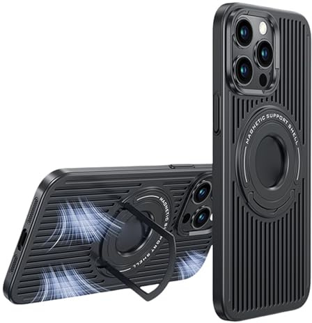 for iPhone 16 Pro Max Magnetic Bracket Heat Dissipation Case, 3D Hollow Mesh Heat Dissipation Phone Case Compatible with Magsafe, Breathable Cooling Hard PC Shockproof Cover (Black,16Pro)