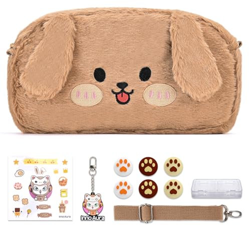 innoAura Switch Tasche für NS Switch, 11 in 1 Switch Zubehör Bundle mit Switch Hülle, Switch Spielhülle, Switch Daumenkappen, Abnehmbarer Schultergurt, Niedlicher Anhänger (Brauner Hund)