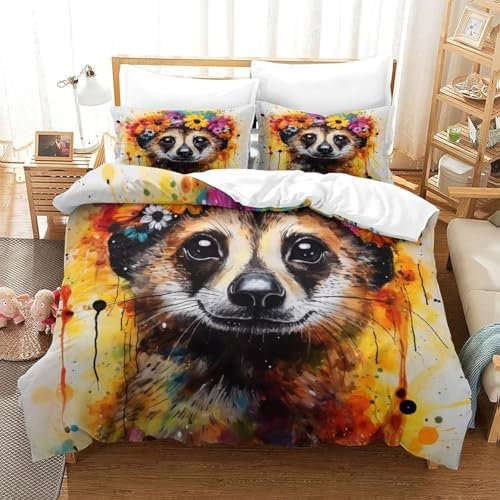 Tierische Erdmännchen Bettwäsche Set 155X200 cm Bettbezug Und Kissenbezug, Mikrofaser, 3D Digital Print Dreiteilige Set Waschmaschinenfest - Weich, Antiallergisch Für Einzel- Und Doppel -547K013C656I