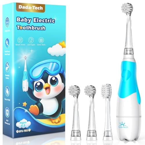 Elektrische Zahnbürste Kinder Baby Zahnbürste Kinderzahnbürste Elektrisch ab 1 2 3 Jahre mit LED-Licht Integrierter Timer 90%abgerundeten Borsten Babyzahnbürste für Kleinkind ab 6 Monate(Blau Pinguin)