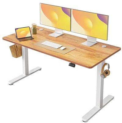 FEZIBO Electric Height Adjustable Standing Desk with digital display control panel, 60x140cm Ergonomic Home Office Table for sit stand with Splice Board & Light Brown Wood Grain Surface.