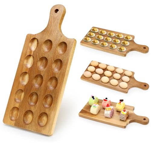 Wooden Egg Platter for Deviled Eggs Holder Counter Acacia Wood Charcuterie Board Plates Easter Gift Small Devilled Egg Container Carrier Kitchen Easter Presents Devil Egg Dish Serving Tray 17'' x 7''
